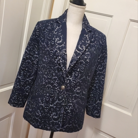 CAbi Jacquard Navy Wool Blend Blazer Size 6 - Picture 2 of 13